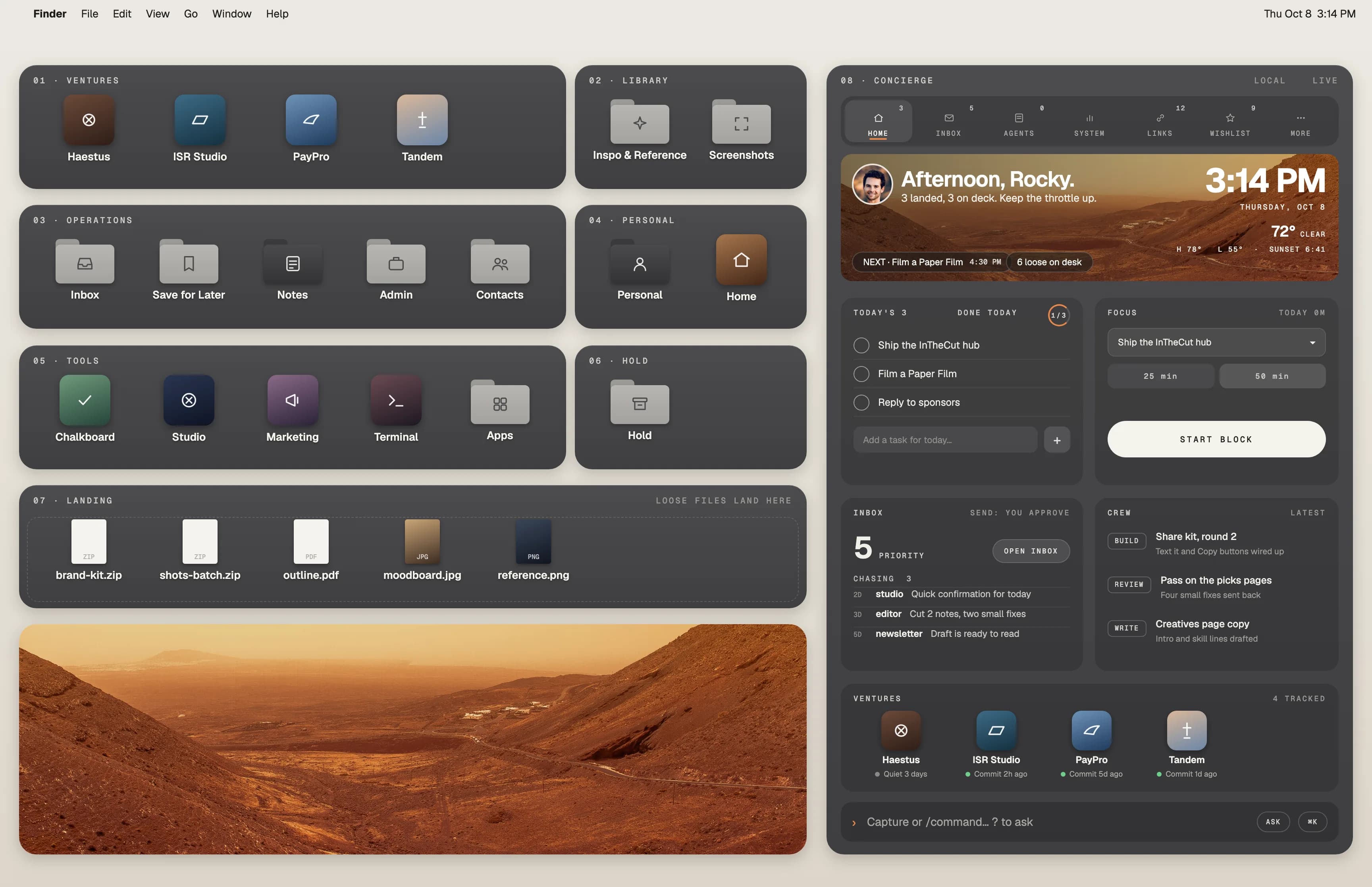 A custom desktop: dark folder trays for Ventures, Library, Operations, Personal, Tools, Hold and Landing on cream paper, beside a concierge widget with a greeting, clock, three tasks, a focus timer, an inbox and a command bar. All of it is demo data.