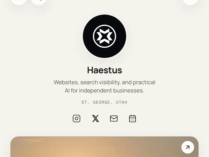 The Haestus MiniSite on a phone: round logo, name, tagline, social icons and the first link card