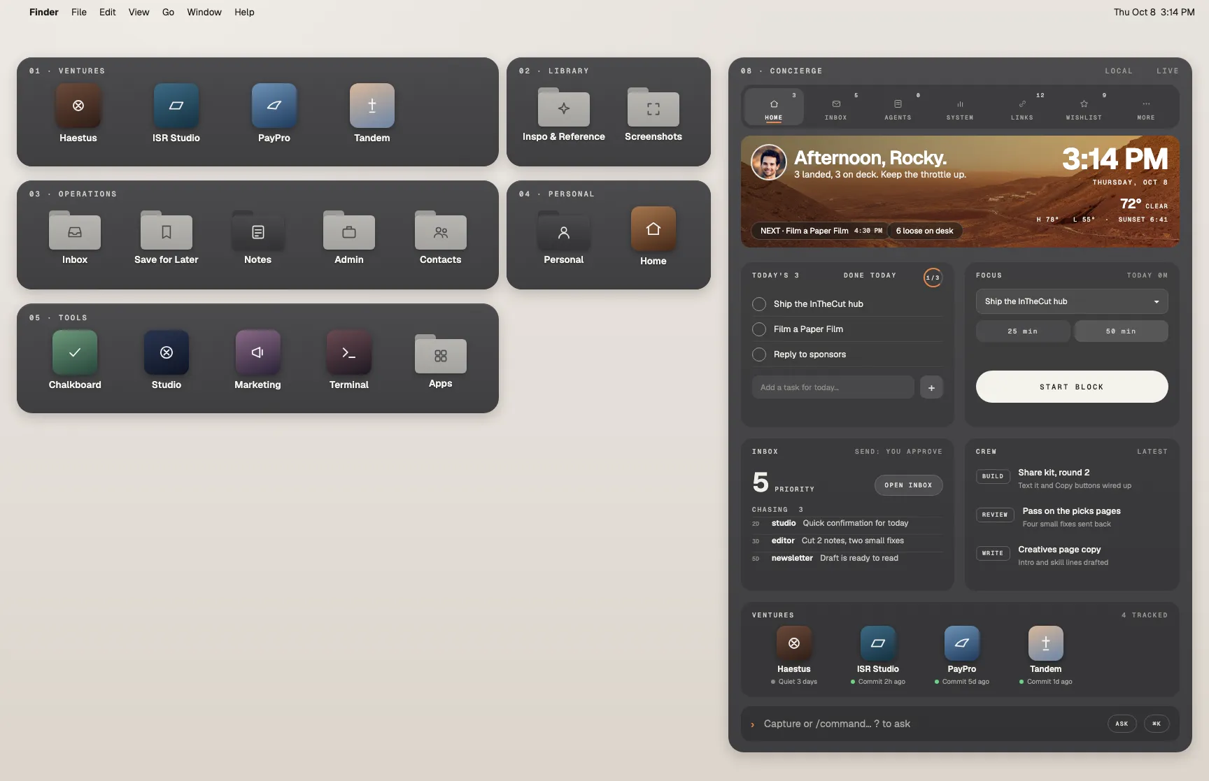 The Cream Paper wallpaper in use: dark folder trays with demo icons and a concierge widget on warm paper