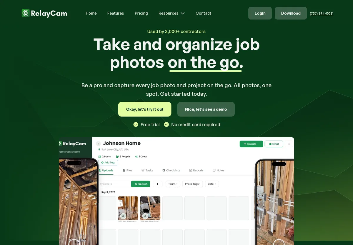 RelayCam’s website: jobsite photo capture and organization for contractors.