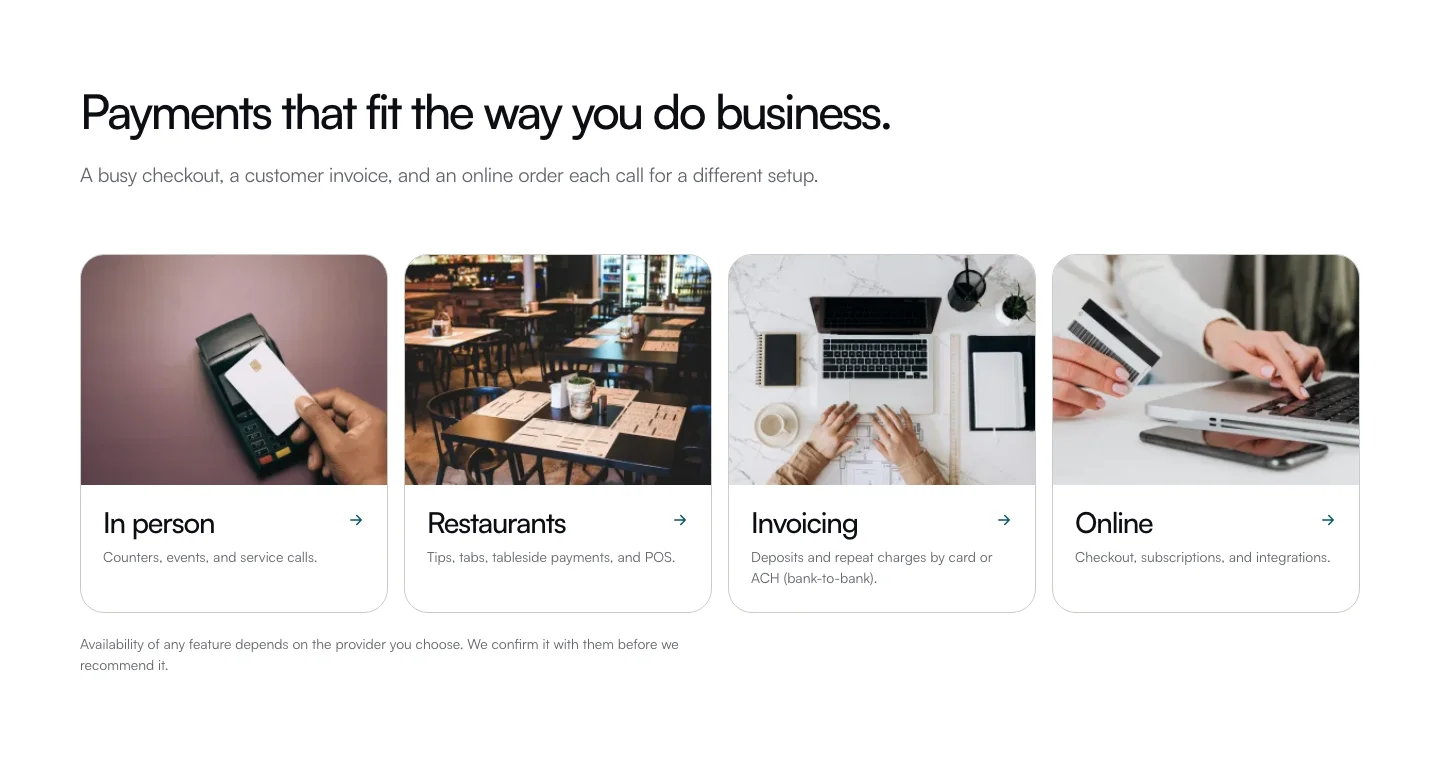 PayPro in-person, restaurant, invoicing, and online solution types