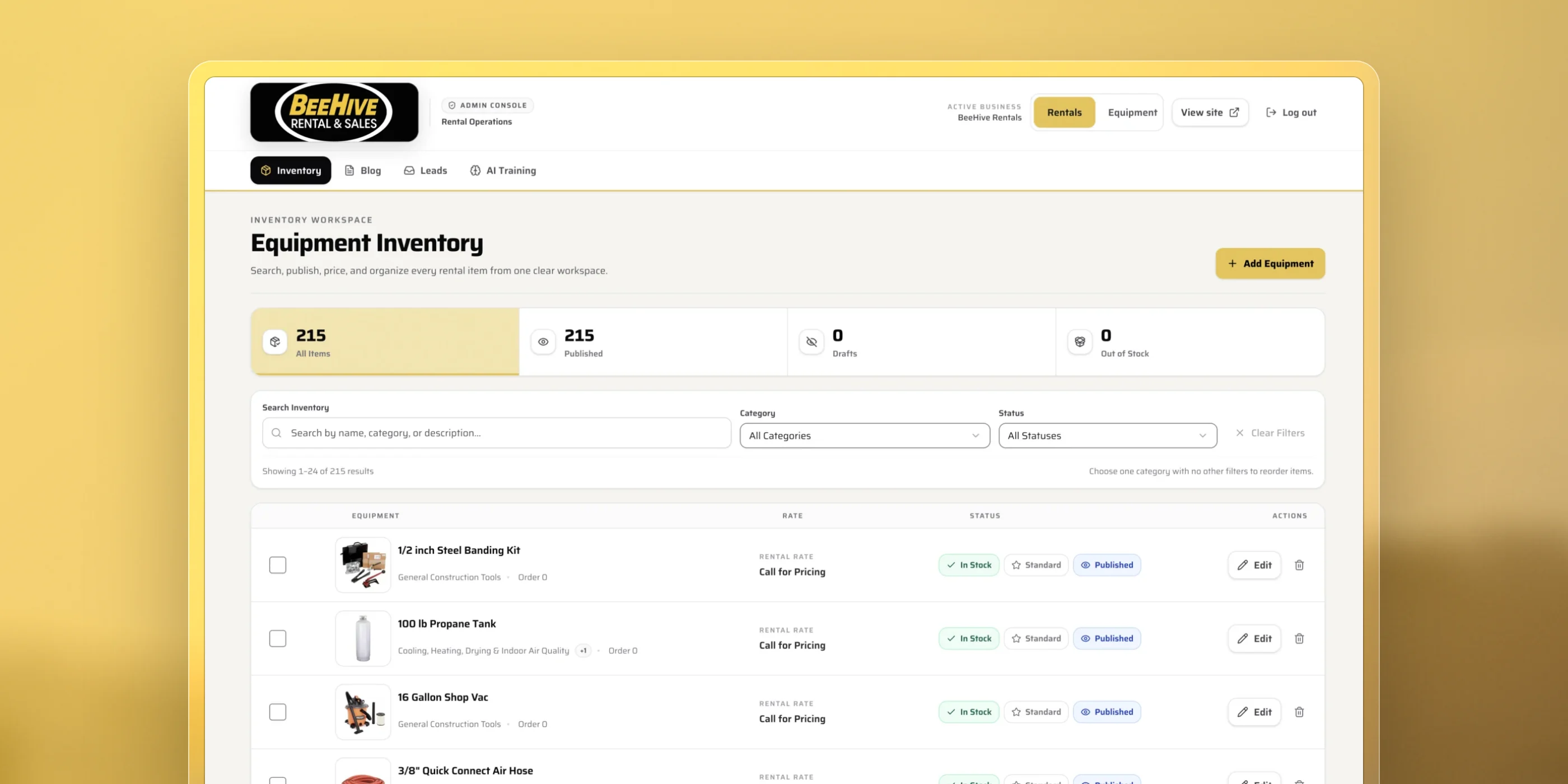The BeeHive operating dashboard showing an equipment inventory list