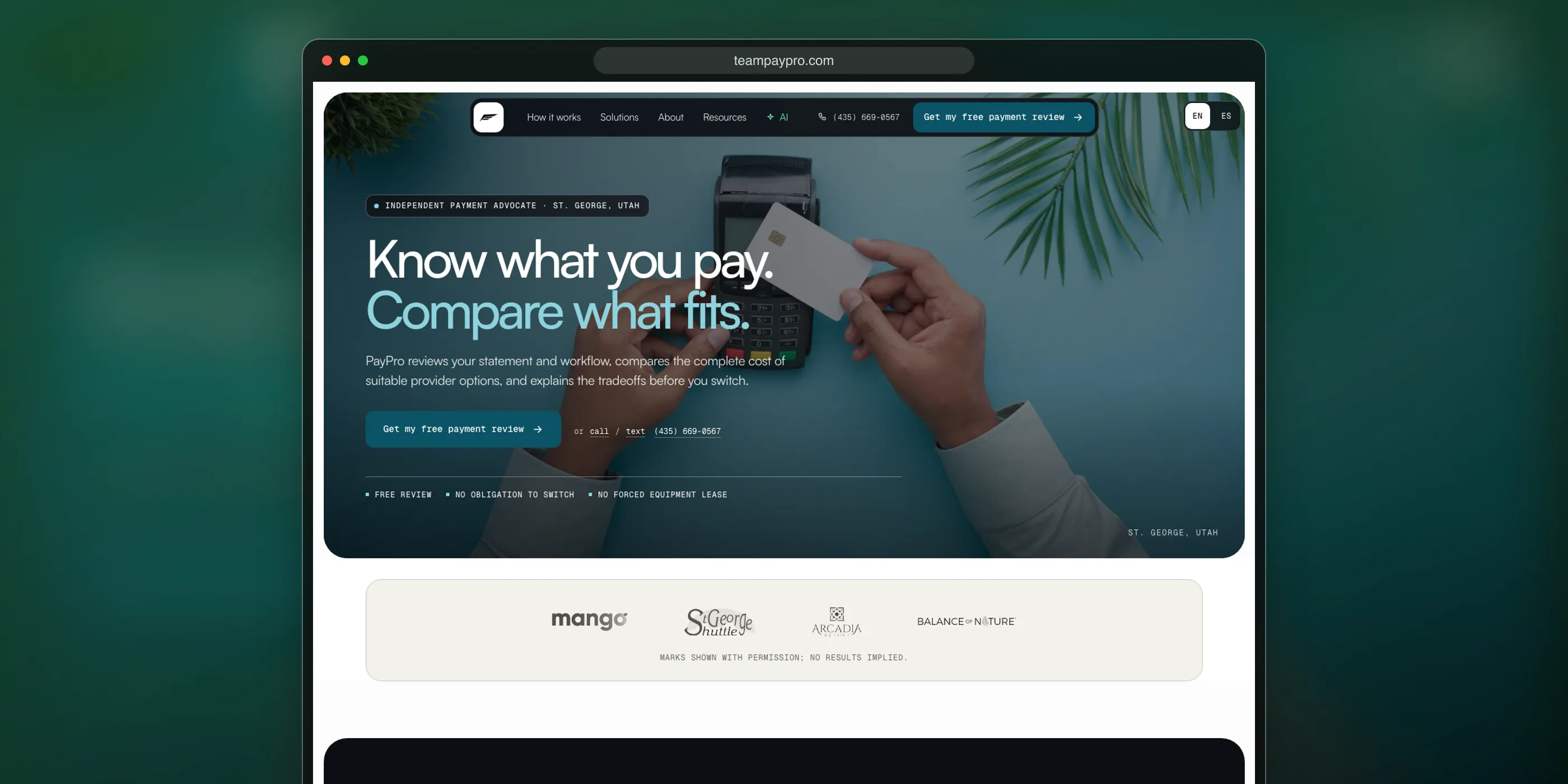 PayPro website home page in a glass frame