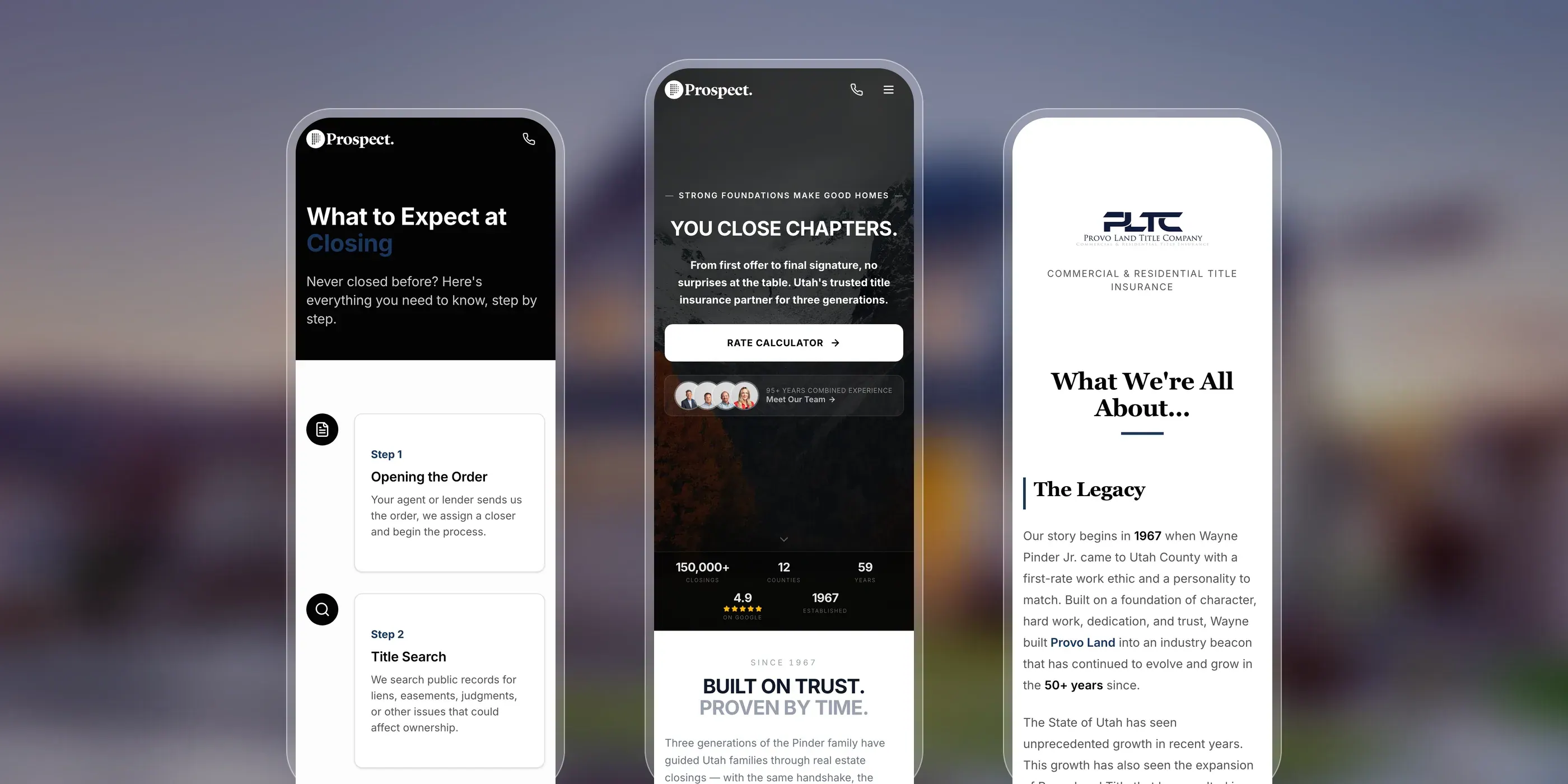 Three phones showing the Prospect Title closing process, home page, and company story pages