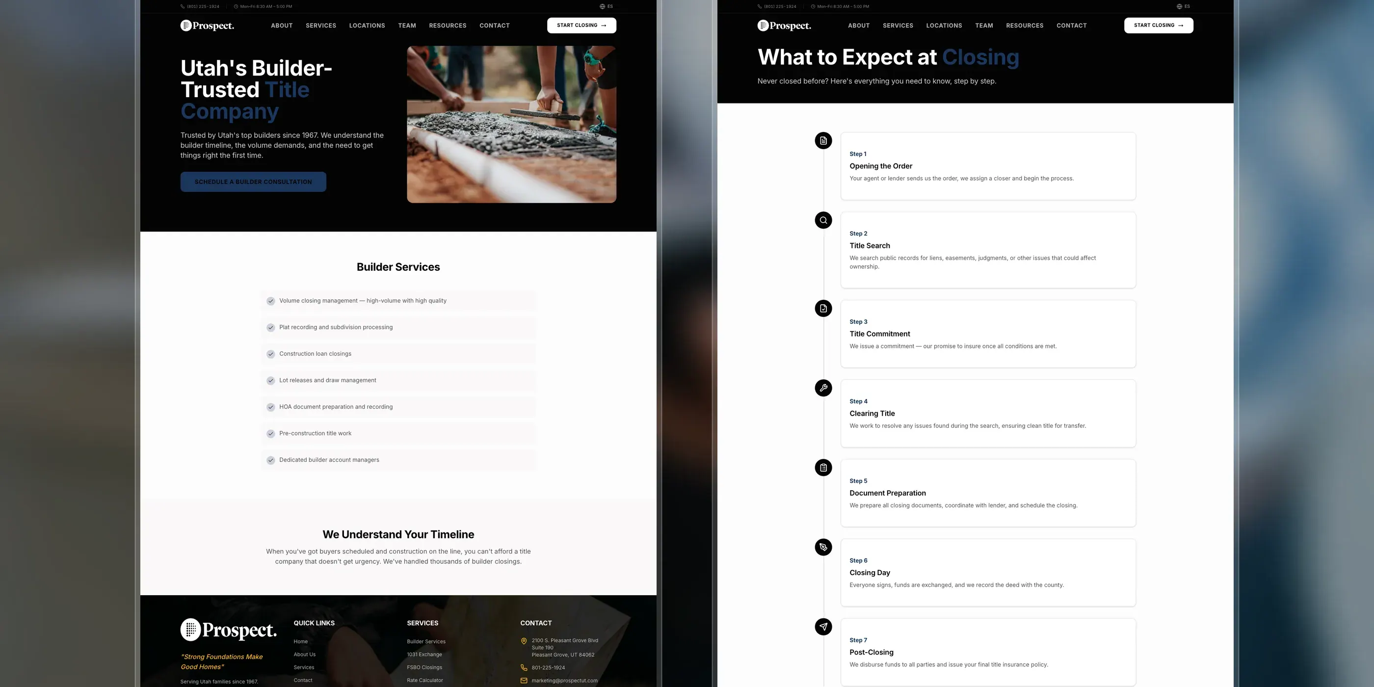 Prospect Title builder services page beside the what-to-expect-at-closing page